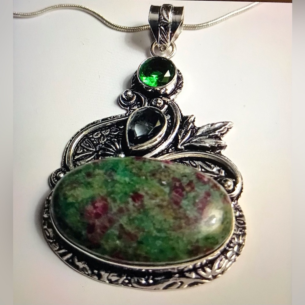 Ruby Zoisite Peridot Stamped 925 Sterling Silver Necklace
